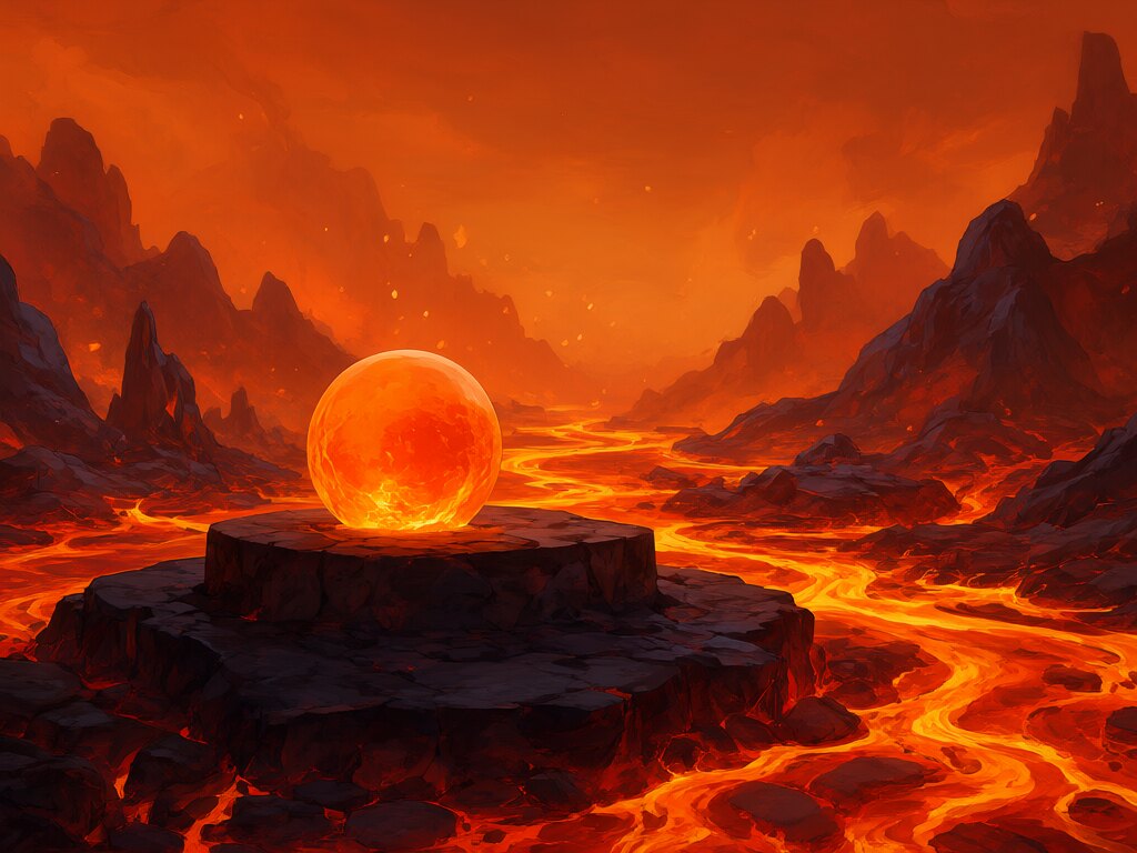 Volcanic badlands around a glowing orange orb