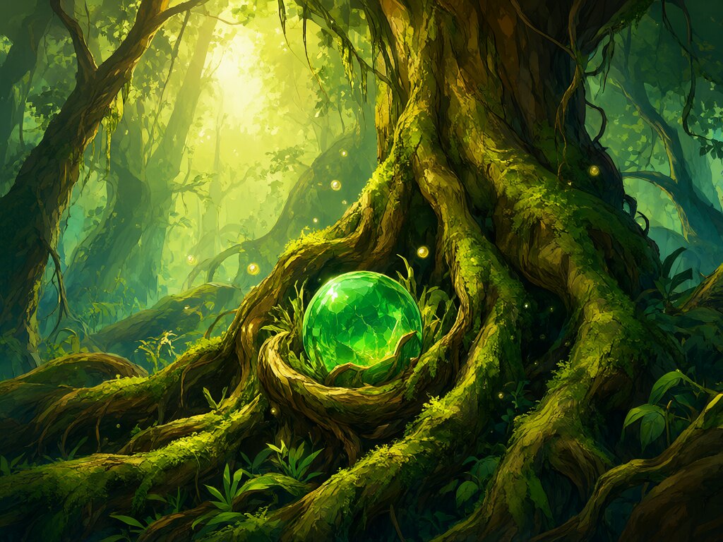A sunlit forest cradling a green orb in its roots