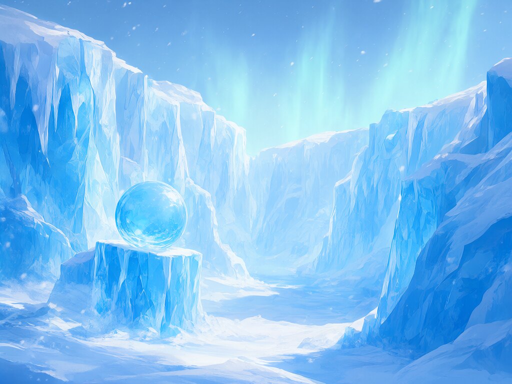 A frozen pass with a pale blue orb on an ice pillar