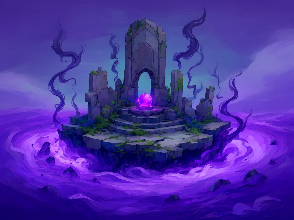 A twilight ruin over a violet void with a dark orb