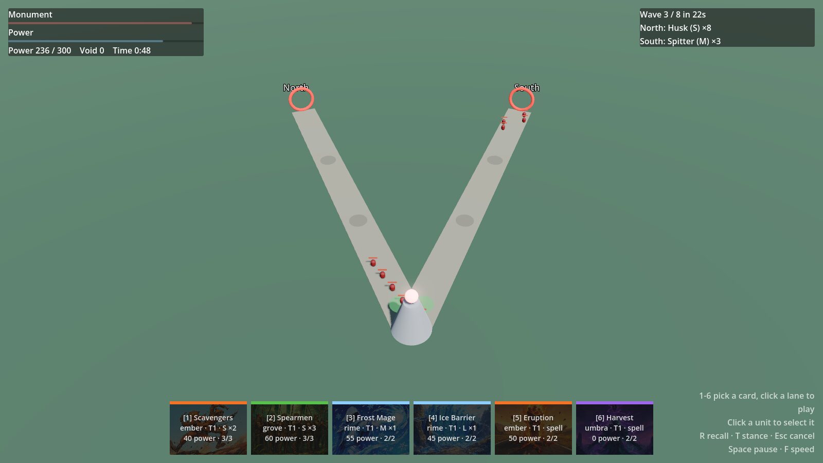 The current build: two stone lanes meeting at the monument, enemies marching down the left lane, the card bar along the bottom
